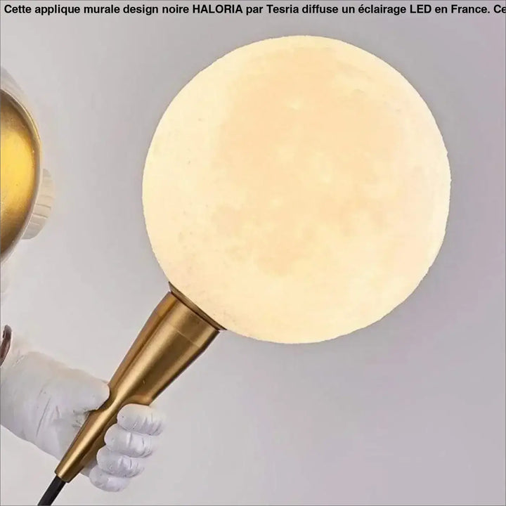 Applique murale design noire haloria avec lampe sphérique chaude texturée sur tige dorée élégante