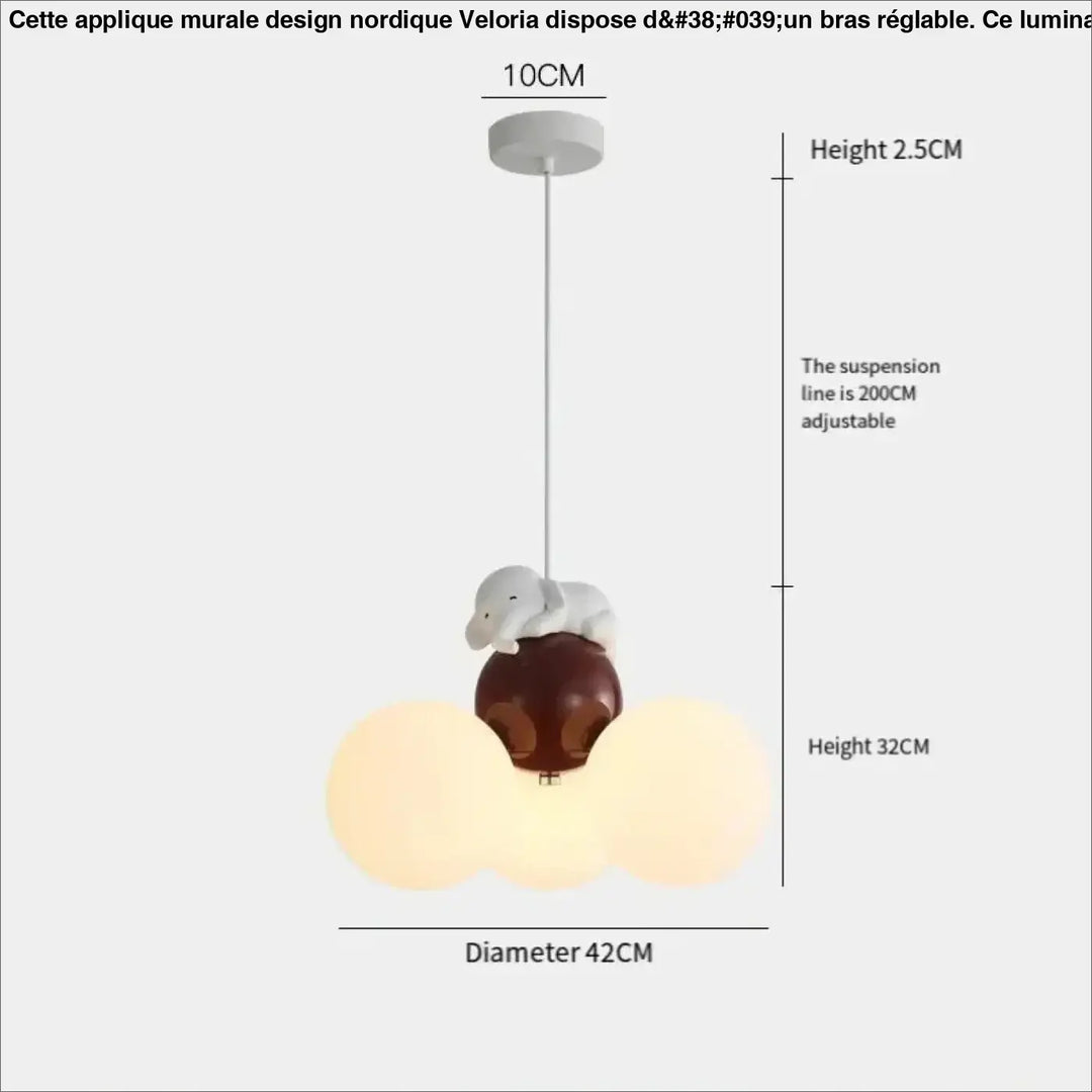 Applique murale design nordique veloria avec éléphant blanc sur base sphérique et abat-jour en verre givré nuageux