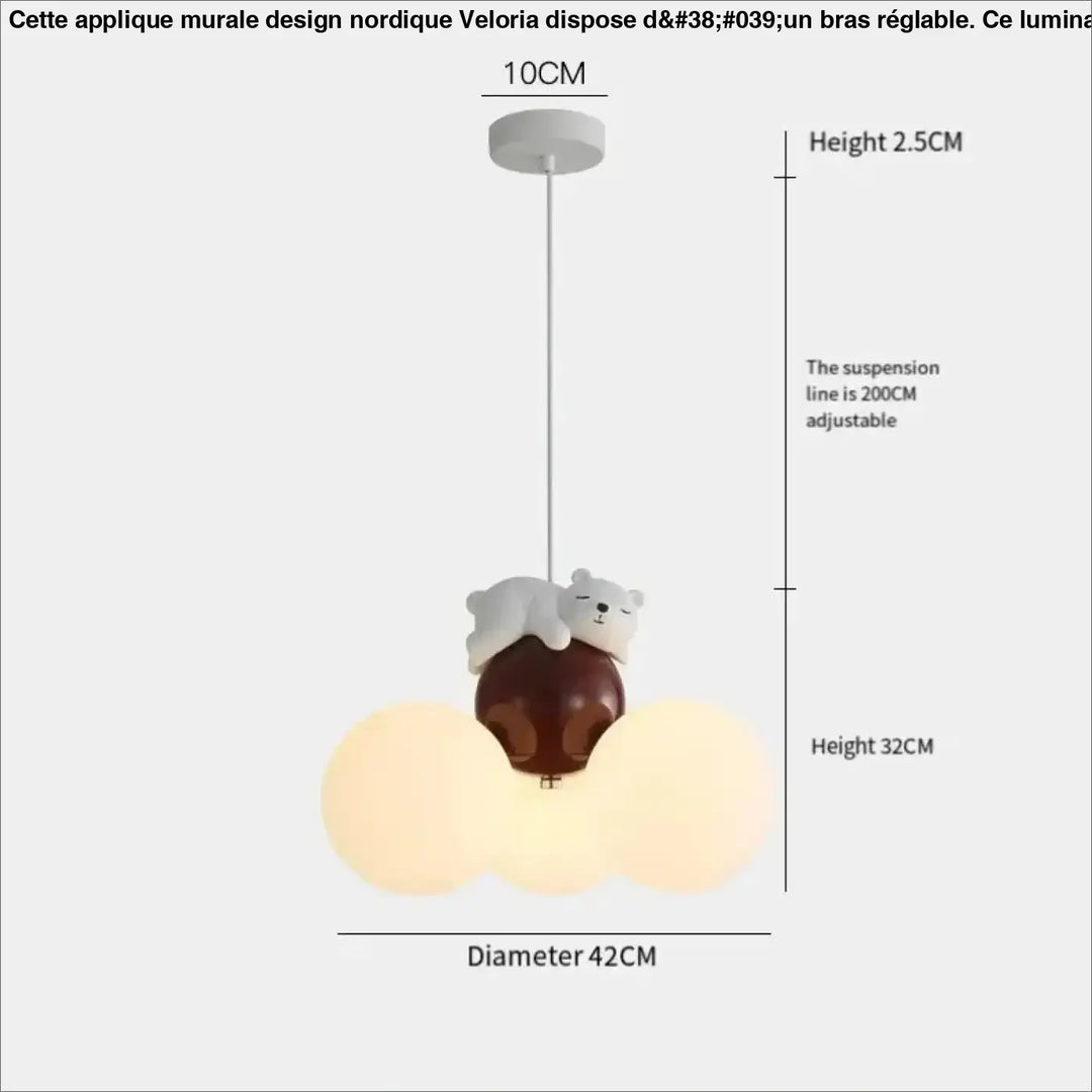 Applique murale design nordique veloria avec figurine ours polaire blanc sur abat-jour sphère marron brillant suspendu par chaîne réglable