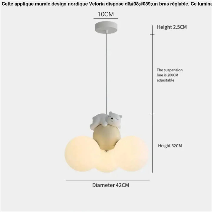 Applique murale design nordique cream avec pendentif nuage et figurine ours gris regulable veloria