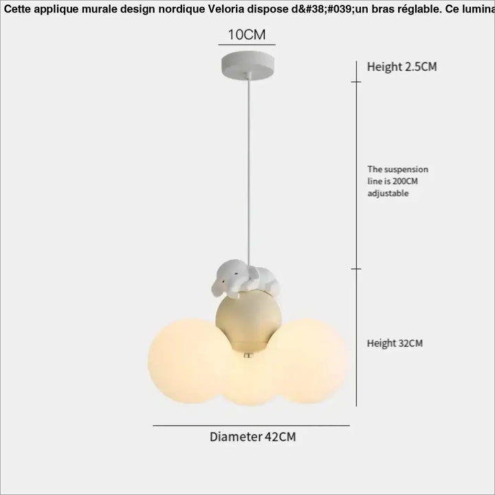Applique murale design nordique veloria avec éléphant blanc fantaisiste sur suspension nuage beige et trois orbes lumineuses