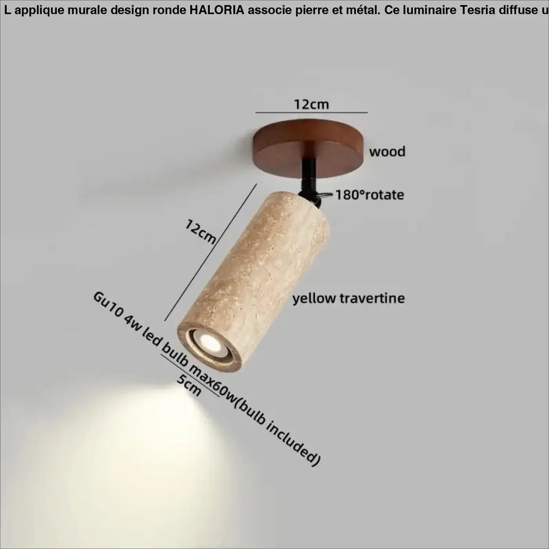 Plafonnier spot orientable en travertin jaune et bois chic