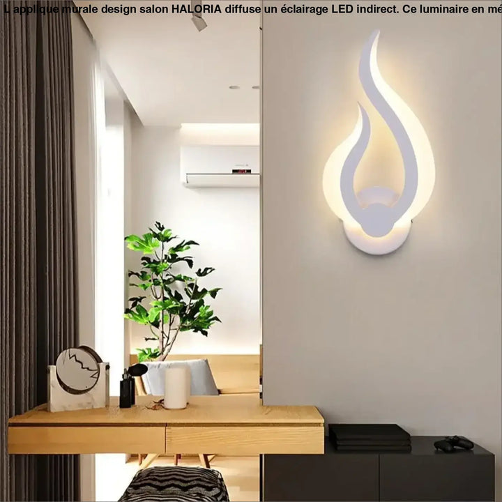 Applique murale design salon haloria en forme de flamme blanche moderne avec un design minimaliste élégant