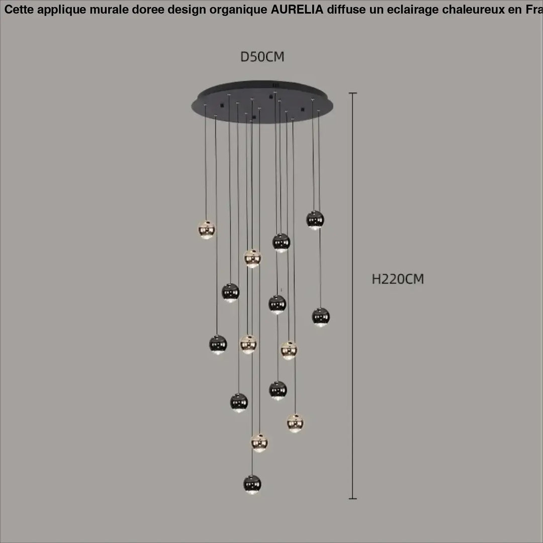Suspension Contemporaine Cascade Boules Noires Dorées