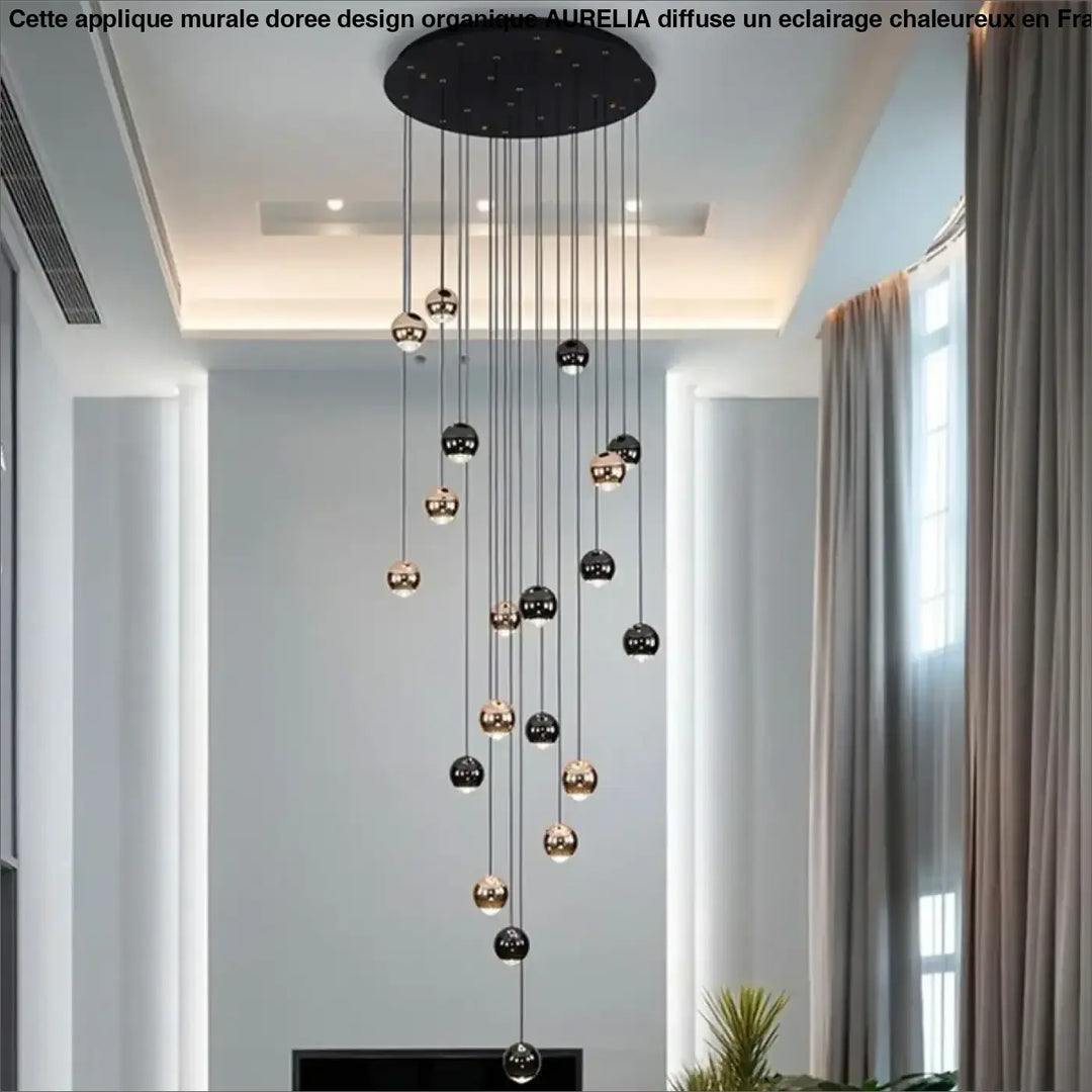 Suspension Contemporaine Cascade Boules Noires Dorées