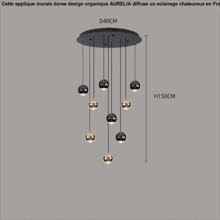 Suspension Contemporaine Cascade Boules Noires Dorées