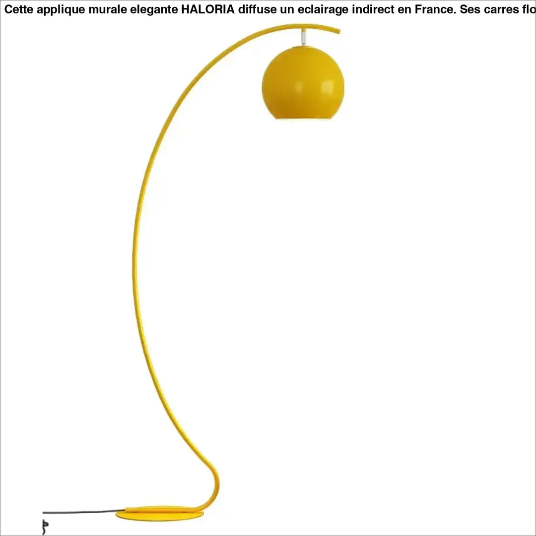 Lampadaire yora jaune vif avec demi lune courbé style élégant et abat-jour sphérique sur base assortie