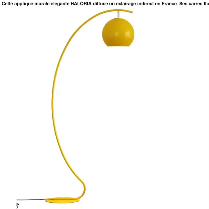 Lampadaire yora jaune vif avec demi lune courbé style élégant et abat-jour sphérique sur base assortie