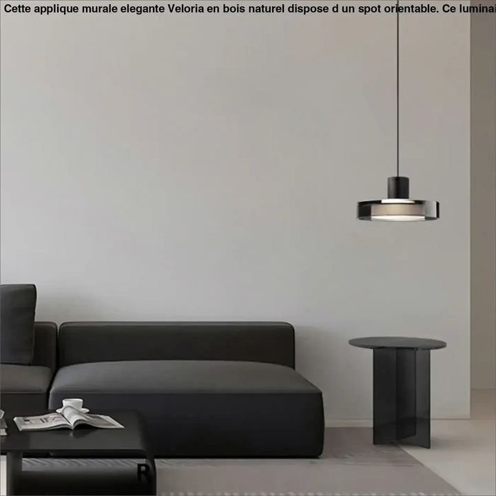 Suspension luminaire sylum minimaliste noire avec design circulaire et accents métalliques en verre teinté