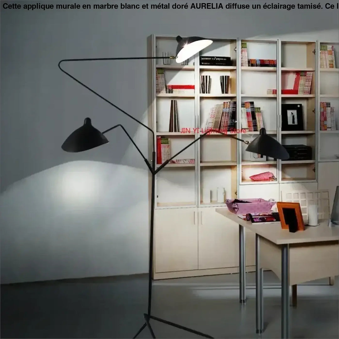 Lampadaire contemporain noir en métal avec trois bras articulés et abat-jours coniques silhouette sculpturale arbora