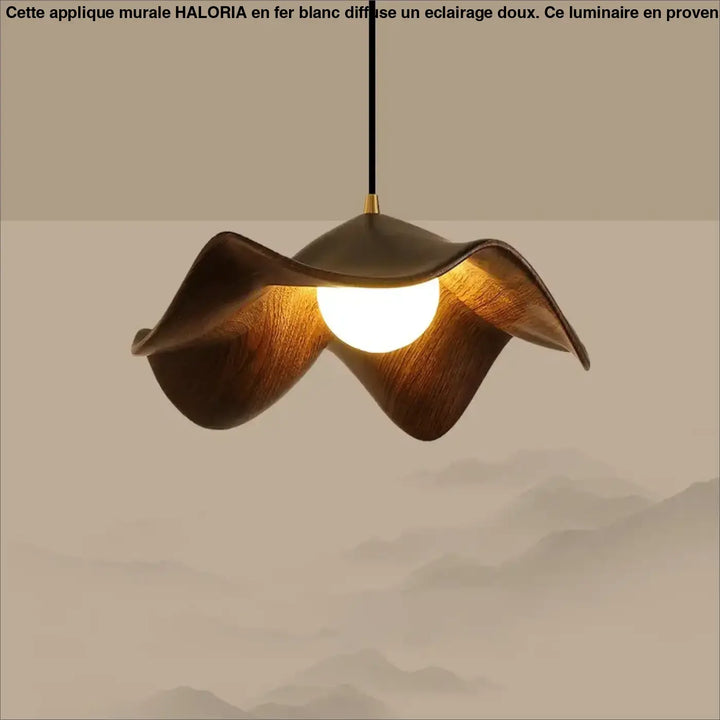 Applique murale en fer blanc avec abat-jour sculptural en bois et led pour un eclairage doux chaleureux