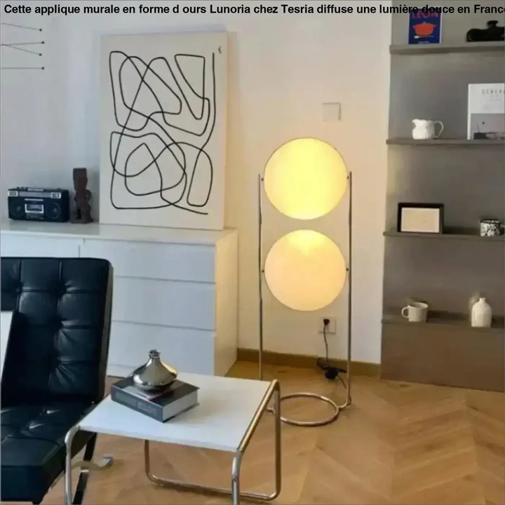 Lampadaire isandy moderne avec deux abat-jours circulaires lumineux et structure métallique fine argentée