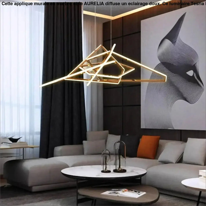 Suspension LED Dorée Design Géométrique Pour Salon Moderne
