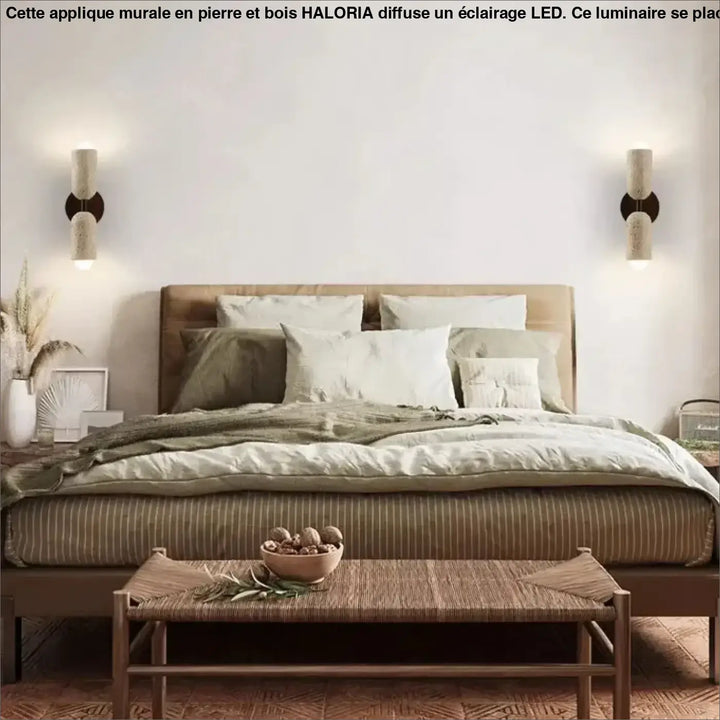 Applique murale en pierre avec un support en bois et à LED

