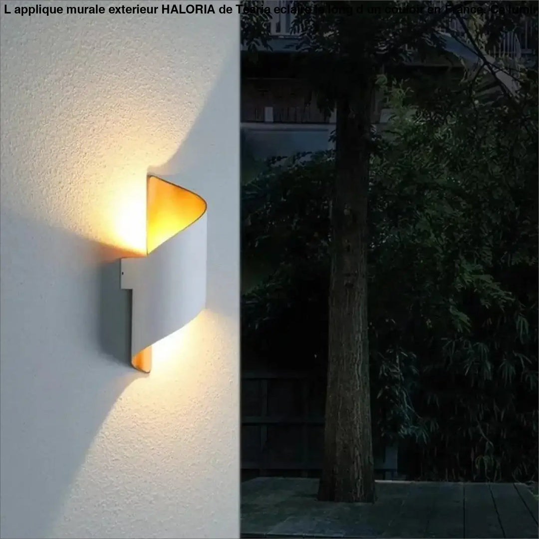 Applique murale exterieur haloria moderne blanche avec design courbé et intérieur doré chaud pour murale exterieur