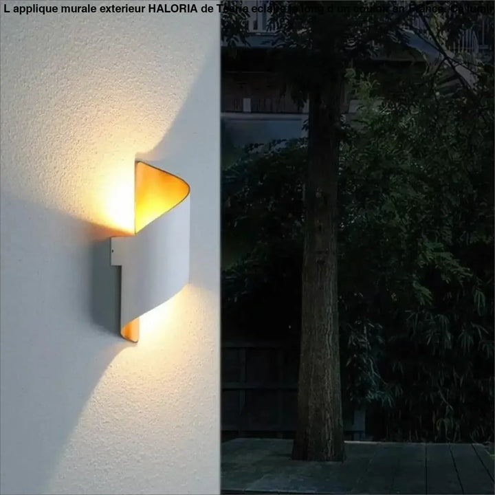 Applique murale exterieur haloria moderne blanche avec design courbé et intérieur doré chaud pour murale exterieur