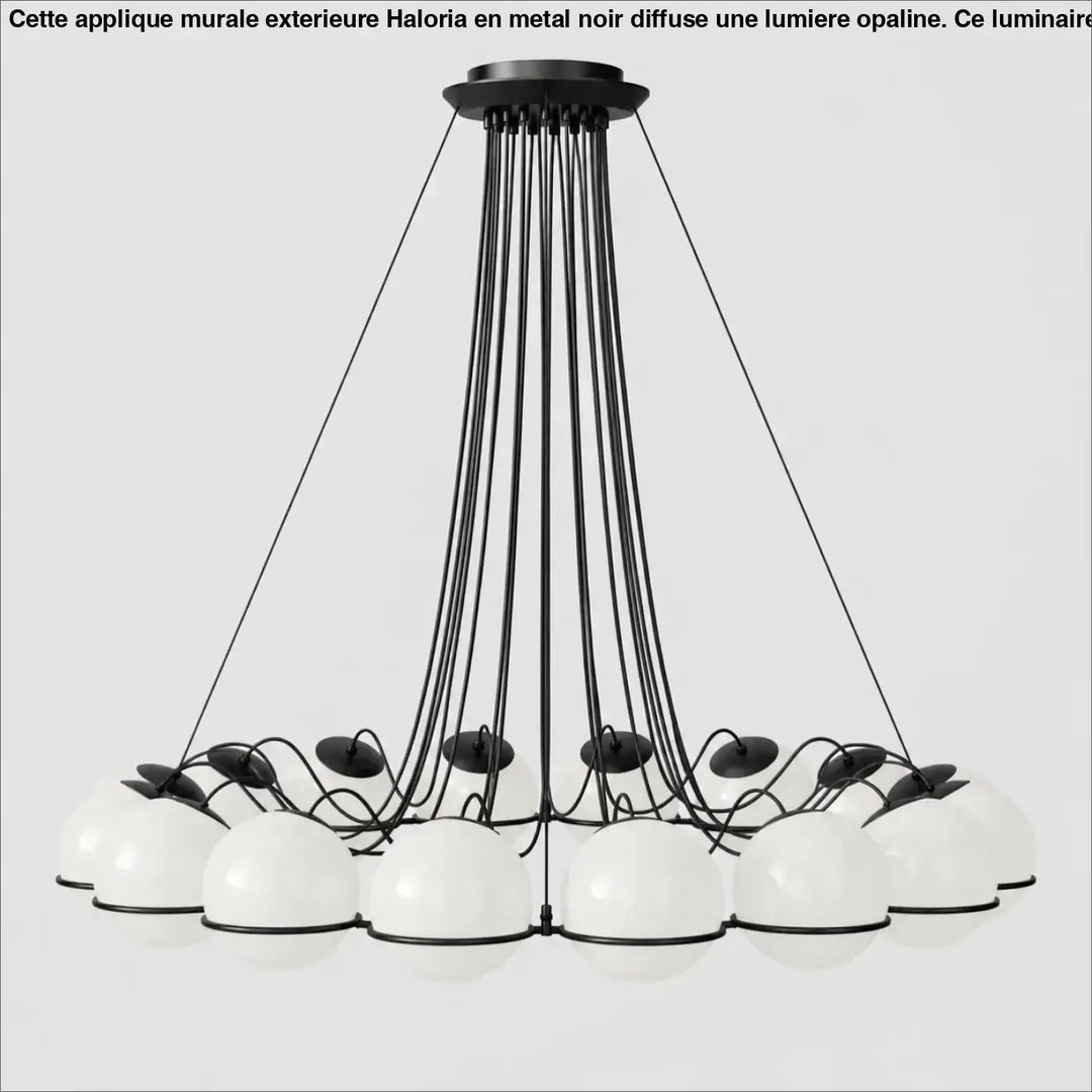 Suspension luminaire cloudis noir avec globes en verre opale blanche suspendus par cordons fins dans un design luminaire moderne