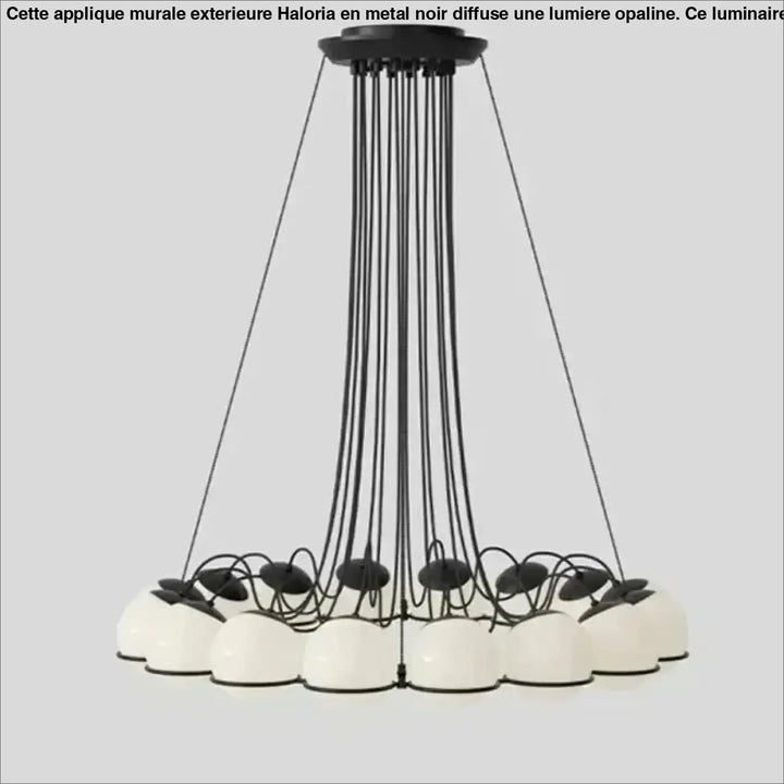 Suspension luminaire black metal avec globes en verre blanc suspendus par câbles fins design luminaire moderne