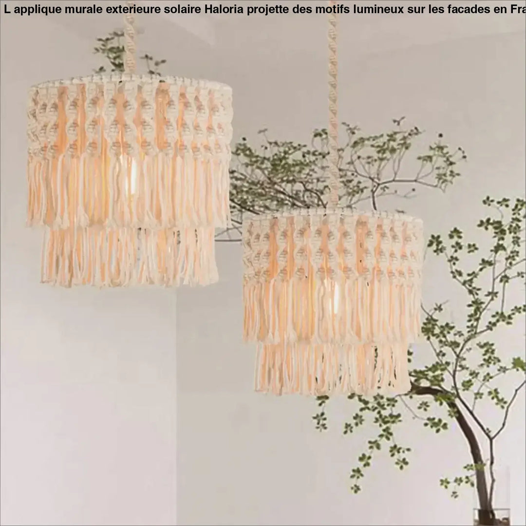 Luminaire plafonnier oreva en macramé beige avec tassels cascades en matières naturelles suspension luminaire bohème