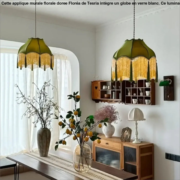 Suspension luminaire au style vintage vert avec franges dorées