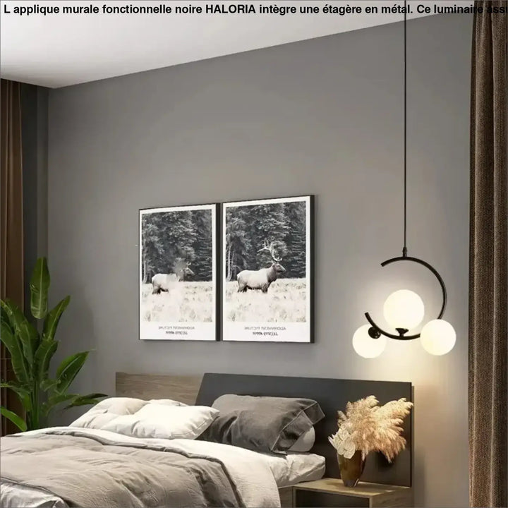 Suspension noire avec anneaux et globes lumineux opalins
