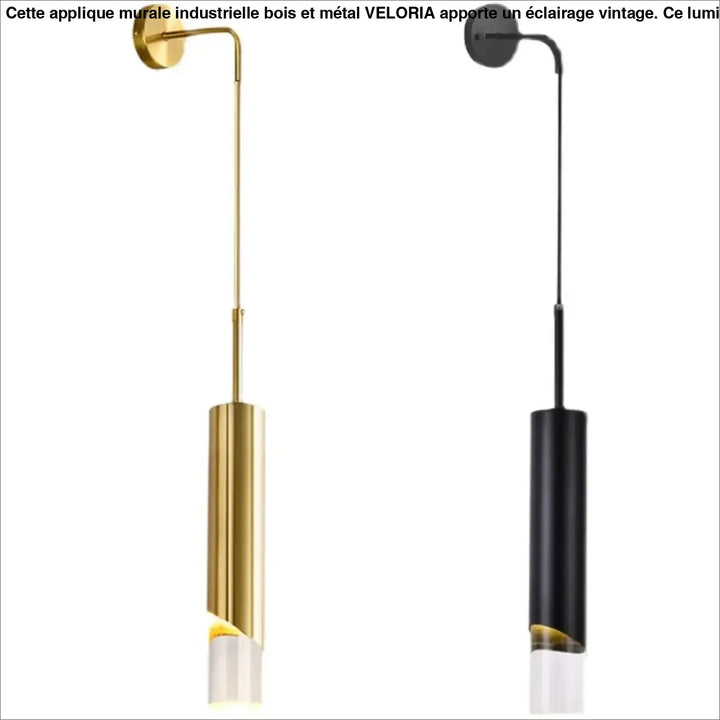 Applique murale industrielle bois et metal veloria avec finition or mat et noir en métal et verre cylindrique clair