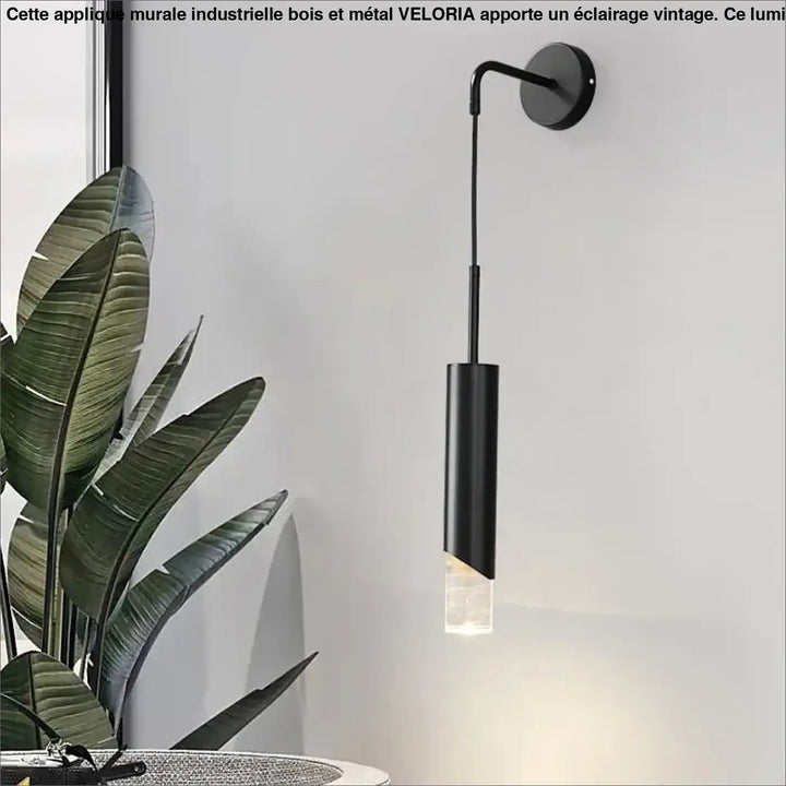 Applique murale industrielle bois et metal veloria avec design vintage cylindre noir et diffuseur en verre transparent