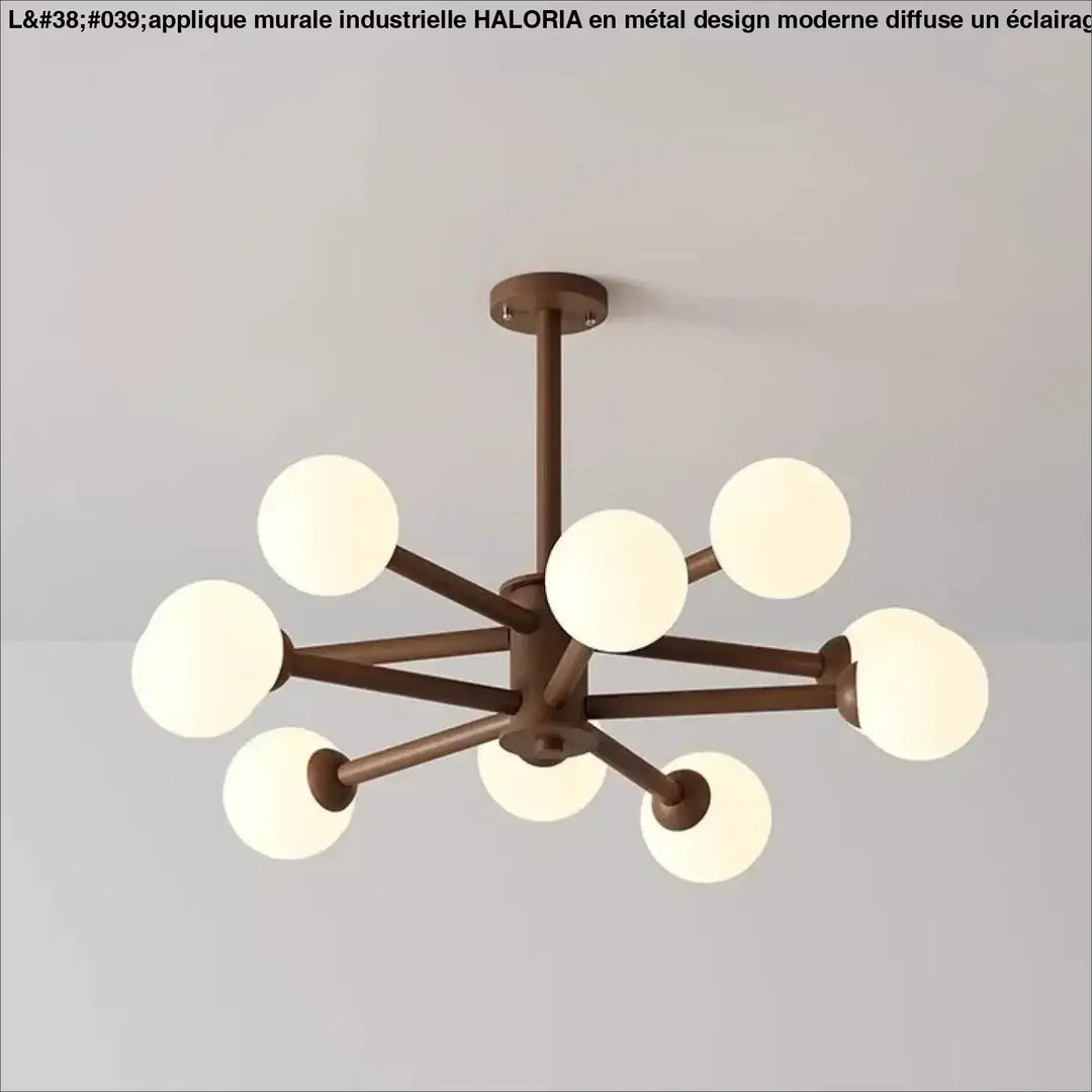 Applique murale industrielle en métal design moderne haloria avec huit ampoules globes en verre dépoli finition bronze
