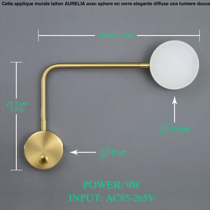 Applique murale laiton avec sphère en verre élégante