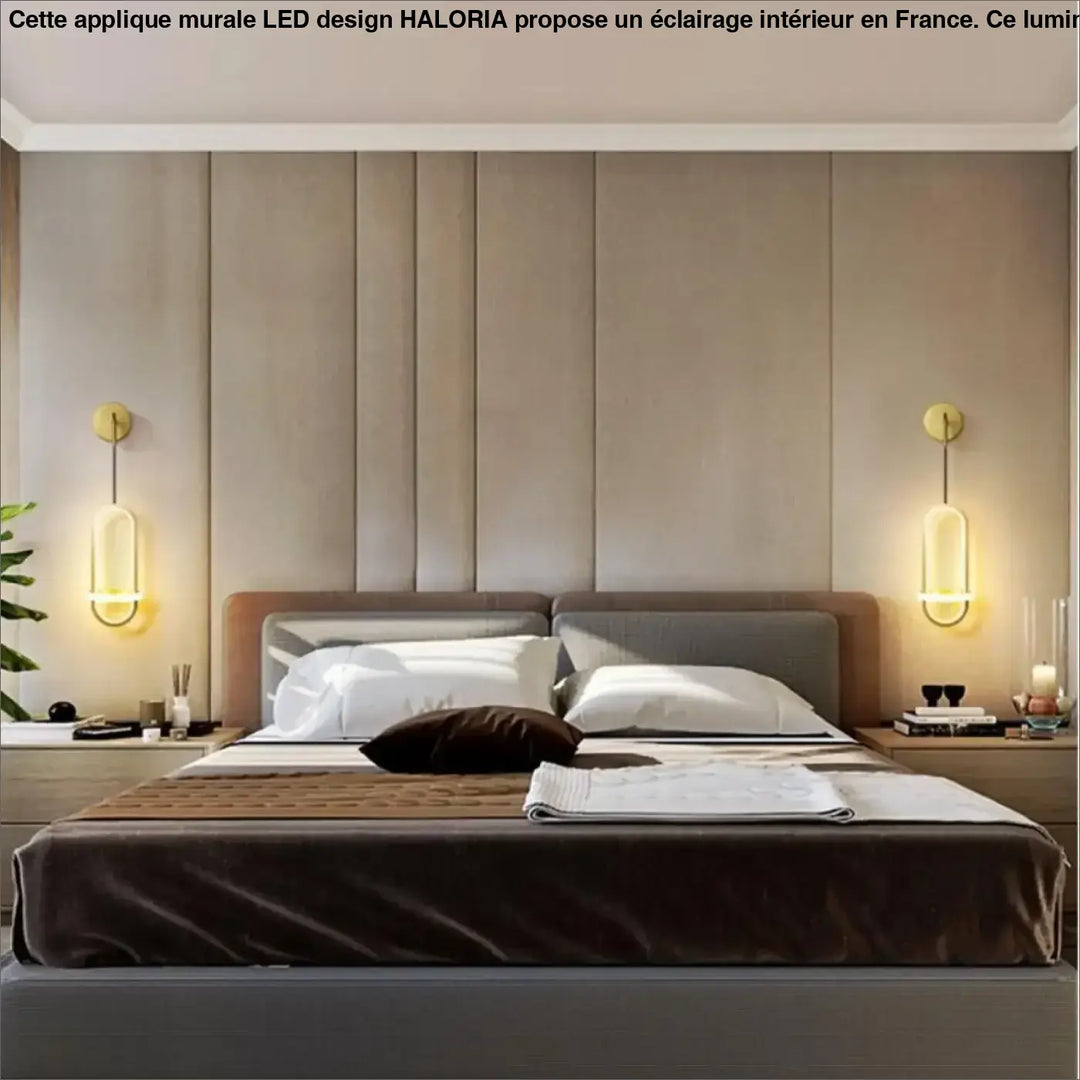 Modern bed with gray upholstered headboard, dark brown velvet bedding, and white pillows featuring applique murale led design by haloria