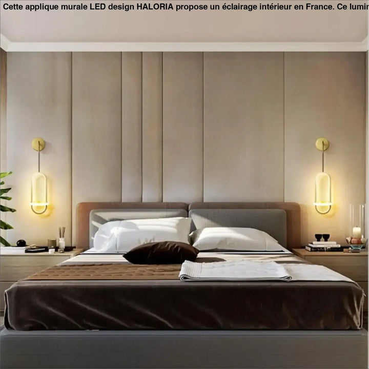 Modern bed with gray upholstered headboard, dark brown velvet bedding, and white pillows featuring applique murale led design by haloria