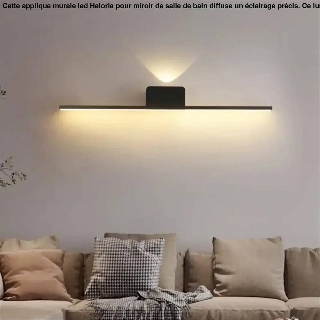 Applique murale led noire moderne avec design rectangulaire et éclairage diffus chaud pour miroir de salle de bain haloria