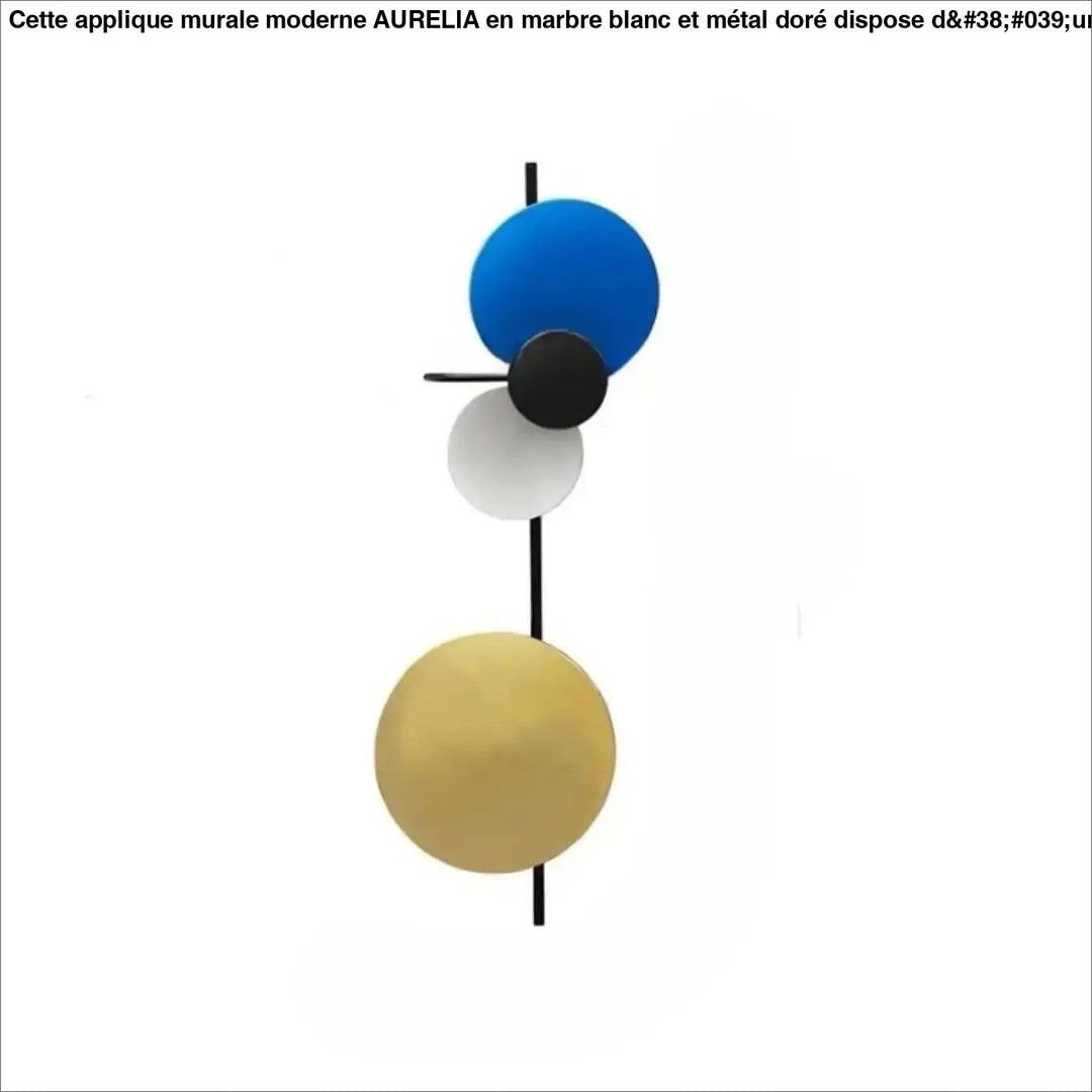 Applique murale design aux formes géométriques avec disques empilés bleu, noir mat, blanc et doré sur tige noire