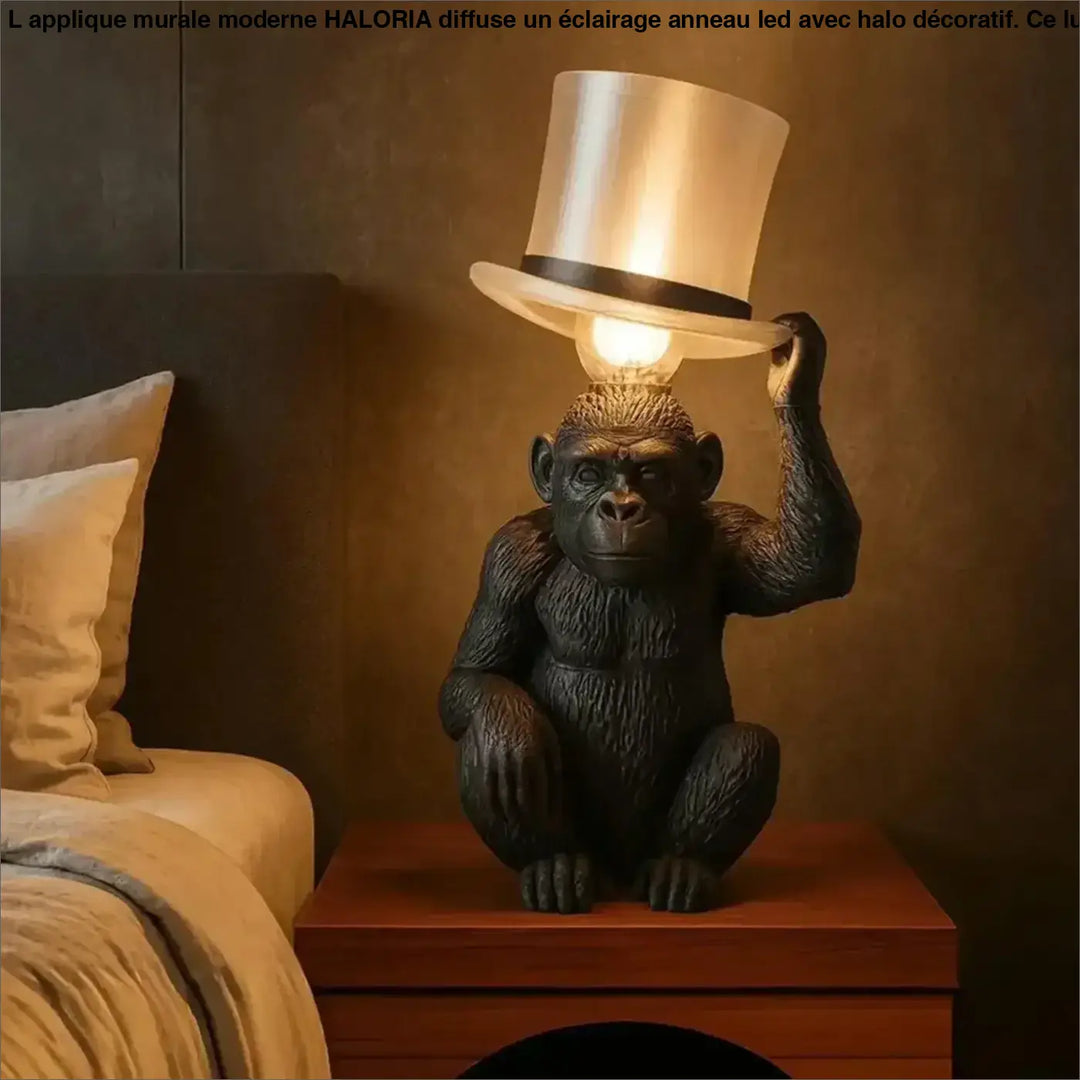 Lampe de table lumineuse lumineuse en forme de gorille noir avec chapeau haut de forme argenté pour décoration décorative gorille