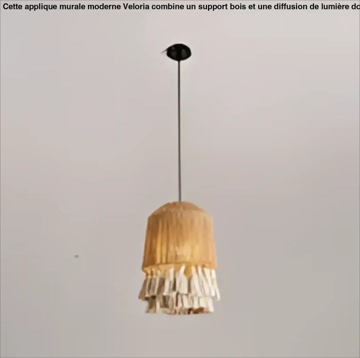 Suspension luminaire bohème calista en bois naturel avec corps rustique tissé main et pampilles blanches suspendues