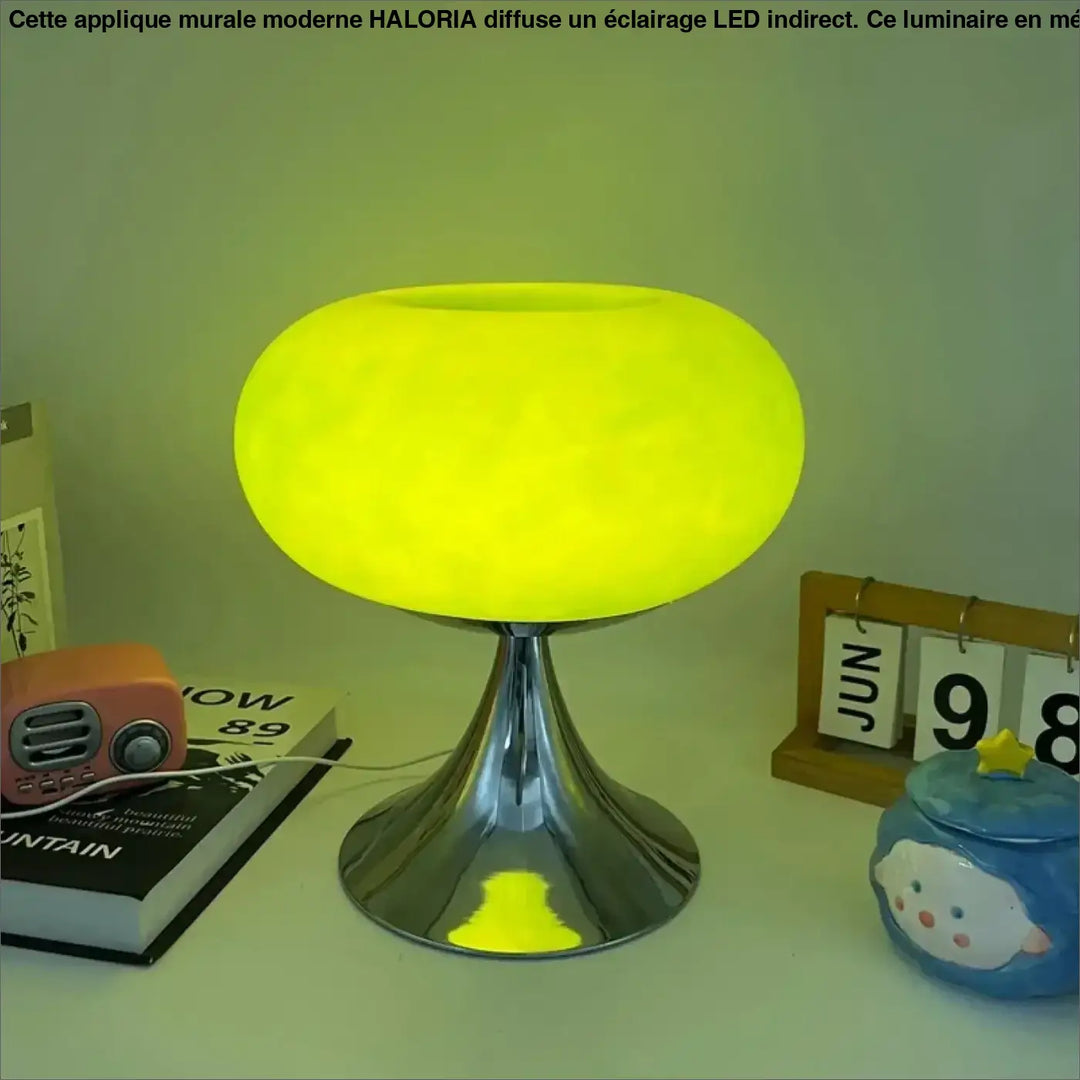 Lampe de chevet jupi en forme de champignon jaune lumineux avec base chrome design vintage pour décoration intérieure