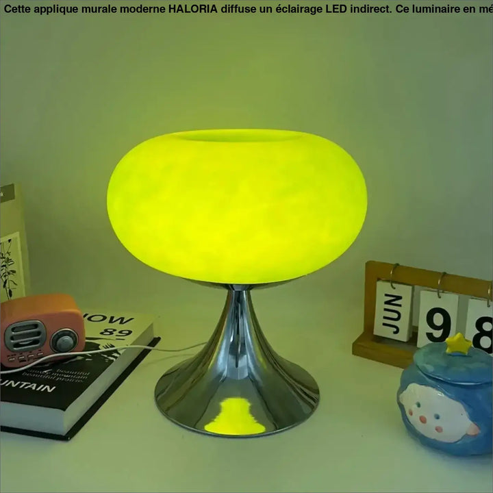 Lampe de chevet jupi en forme de champignon jaune lumineux avec base chrome design vintage pour décoration intérieure