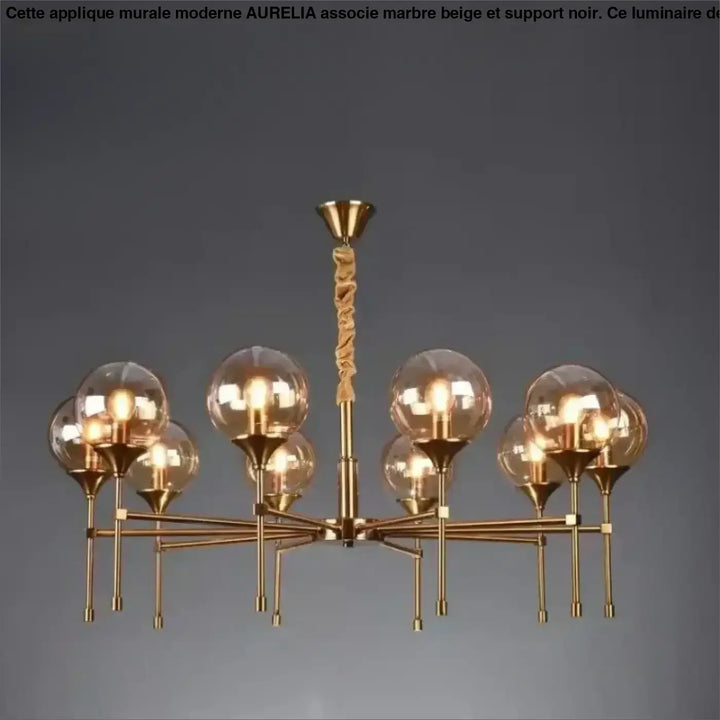 Suspension luminaire bublor en laiton avec huit globes en verre ambré et détail corde torsadée frais supplémentaires