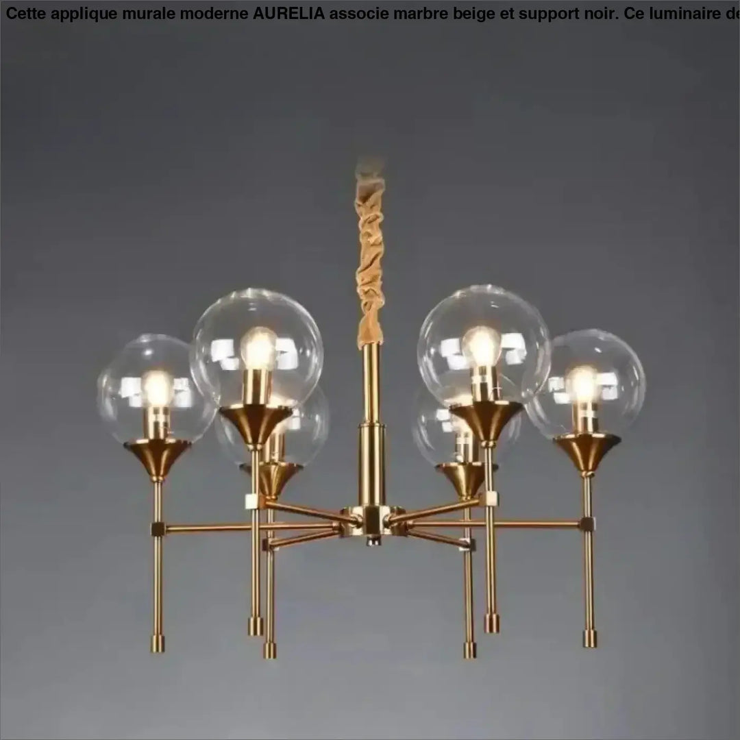 Suspension luminaire bublor en laiton avec cinq globes en verre transparent et câble tressé sans frais supplémentaires