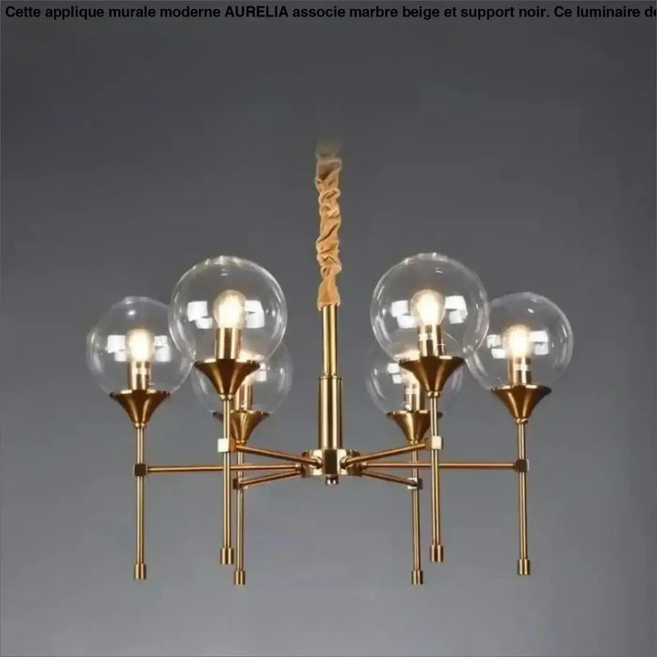 Suspension luminaire bublor en laiton avec cinq globes en verre transparent et câble tressé sans frais supplémentaires