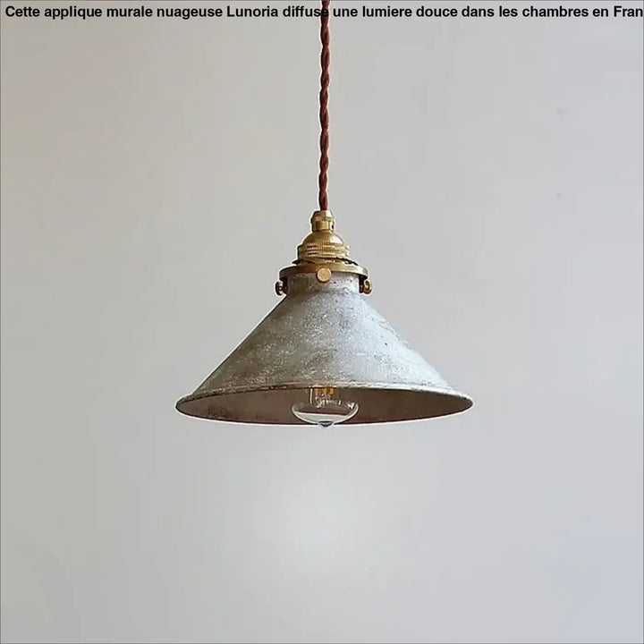 Suspension luminaire ristika en métal texturé galvanisé avec abat-jour en métal vieilli et cordon torsadé style atelier ancien