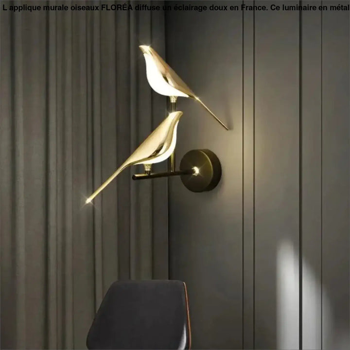 Applique murale oiseaux dorée en métal poli avec design minimaliste élégant modèle floréa pour décoration murale