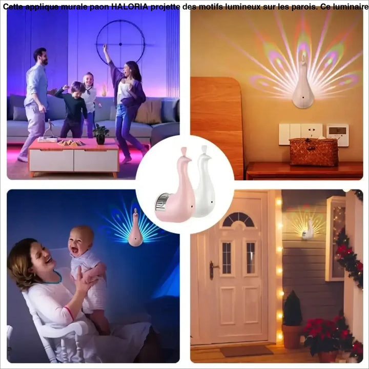 Applique murale paon haloria en forme de goutte avec finition blanche ou rose et projection led motifs plumes de paon colorées