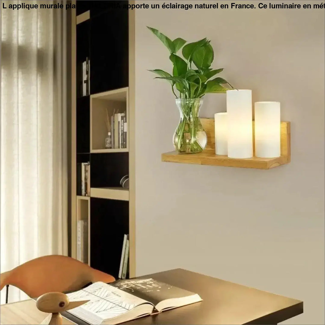 Applique murale plante haloria avec étagère en bois clair, trois bougies led blanches cylindriques et vase en verre transparent avec feuilles vertes