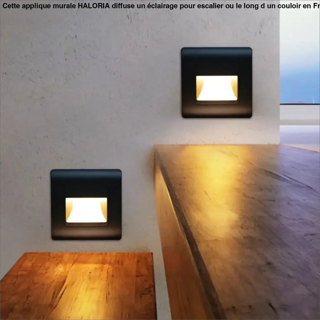 Applique murale noire carrée encastrée avec éclairage led blanc chaud pour éclairer un escalier ou long d’un couloir