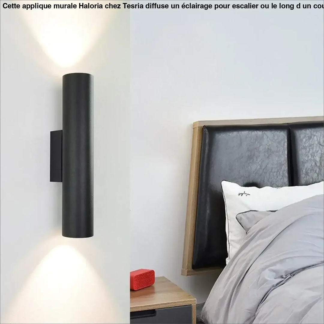 Applique murale cylindrique noire matte haloria idéale long d’un couloir ou autour d’un miroir