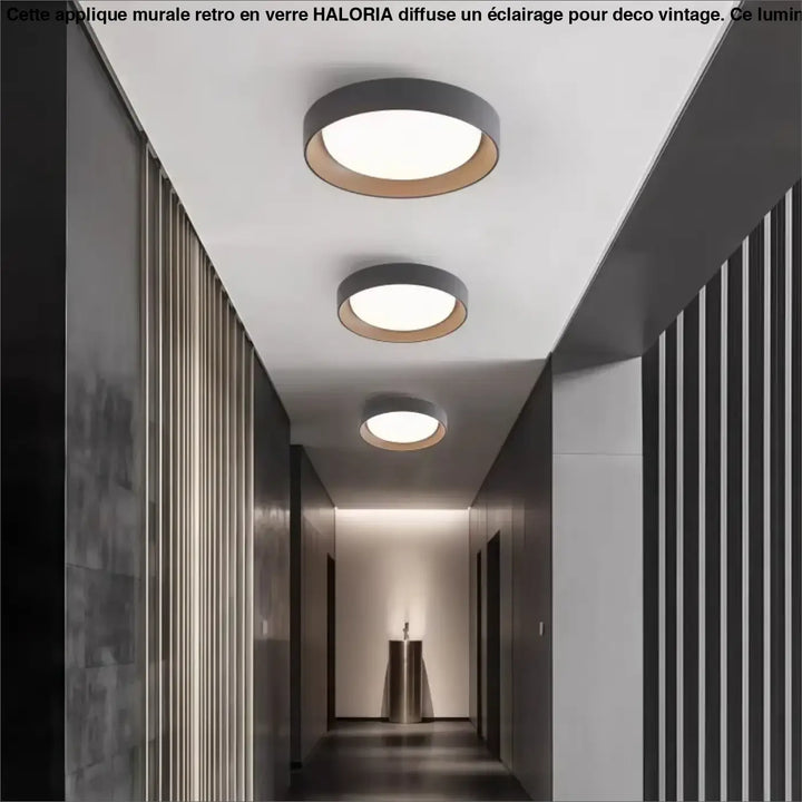 Luminaire plafonnier led circulaire avec anneau noir élégant et diffuseur chaud style nordique minimaliste bois