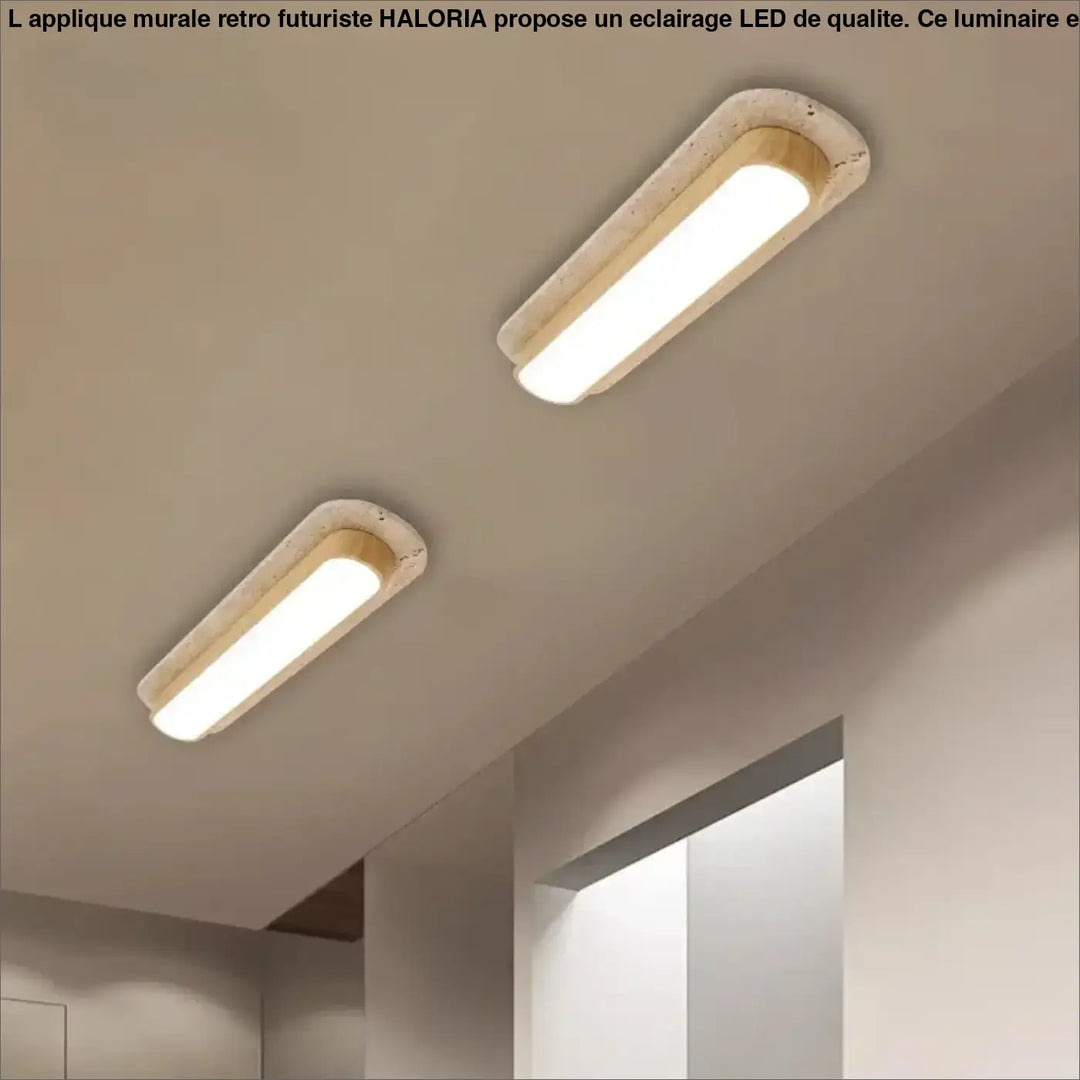 Luminaire plafonnier sabrih avec led intégré, cadre en pierre texturée et accents bois courbé pour un plafonnier moderne