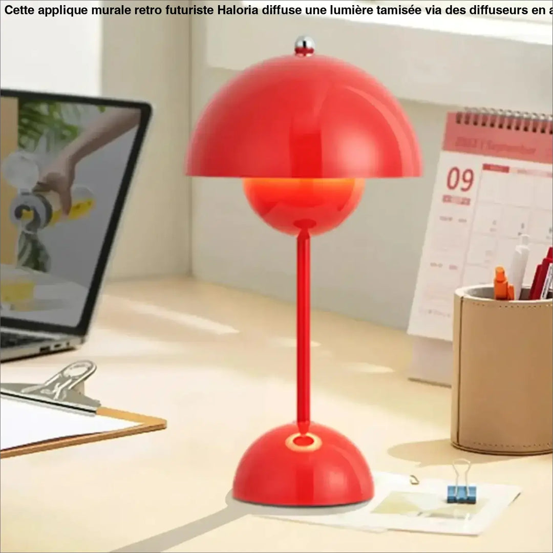 Lampe de table kopel rouge brillant en plastique avec diffuseur sphérique lumineux en forme de fleur et tige élégante