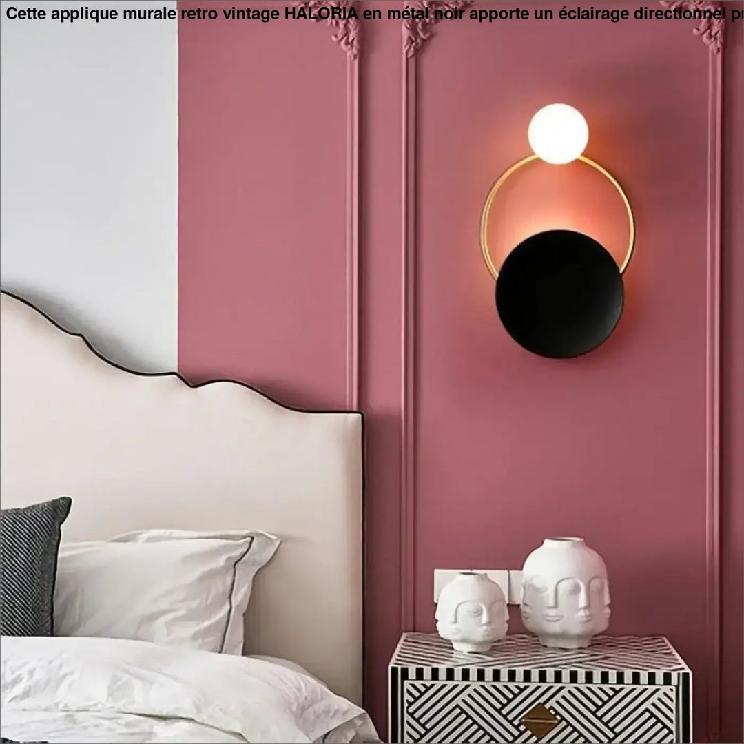 Applique murale retro avec cadre circulaire doré, base noire et ampoule sphérique blanche lumineuse haloria